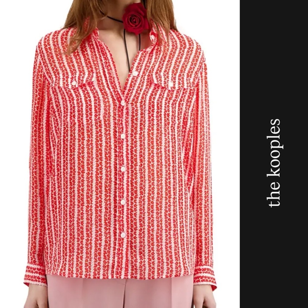 The Kooples Georgette Red and White Floral Long Sleeve Button Down Blouse • S